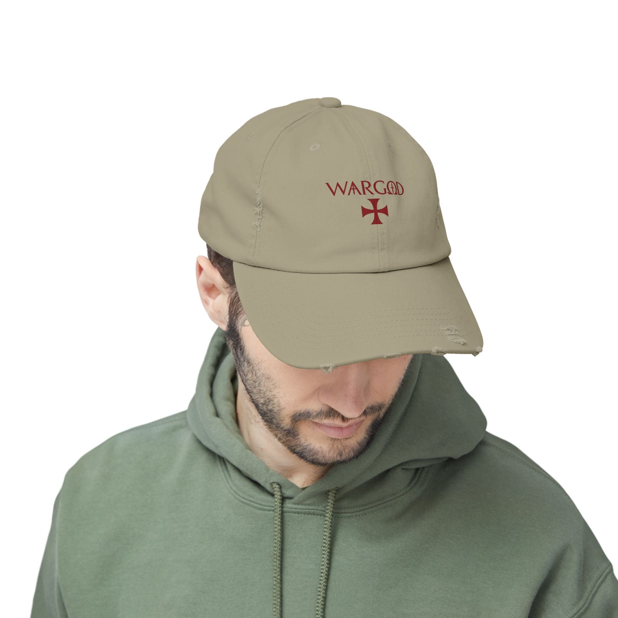 WARGOD Distressed Black Cap — Vintage Red Cross Logo