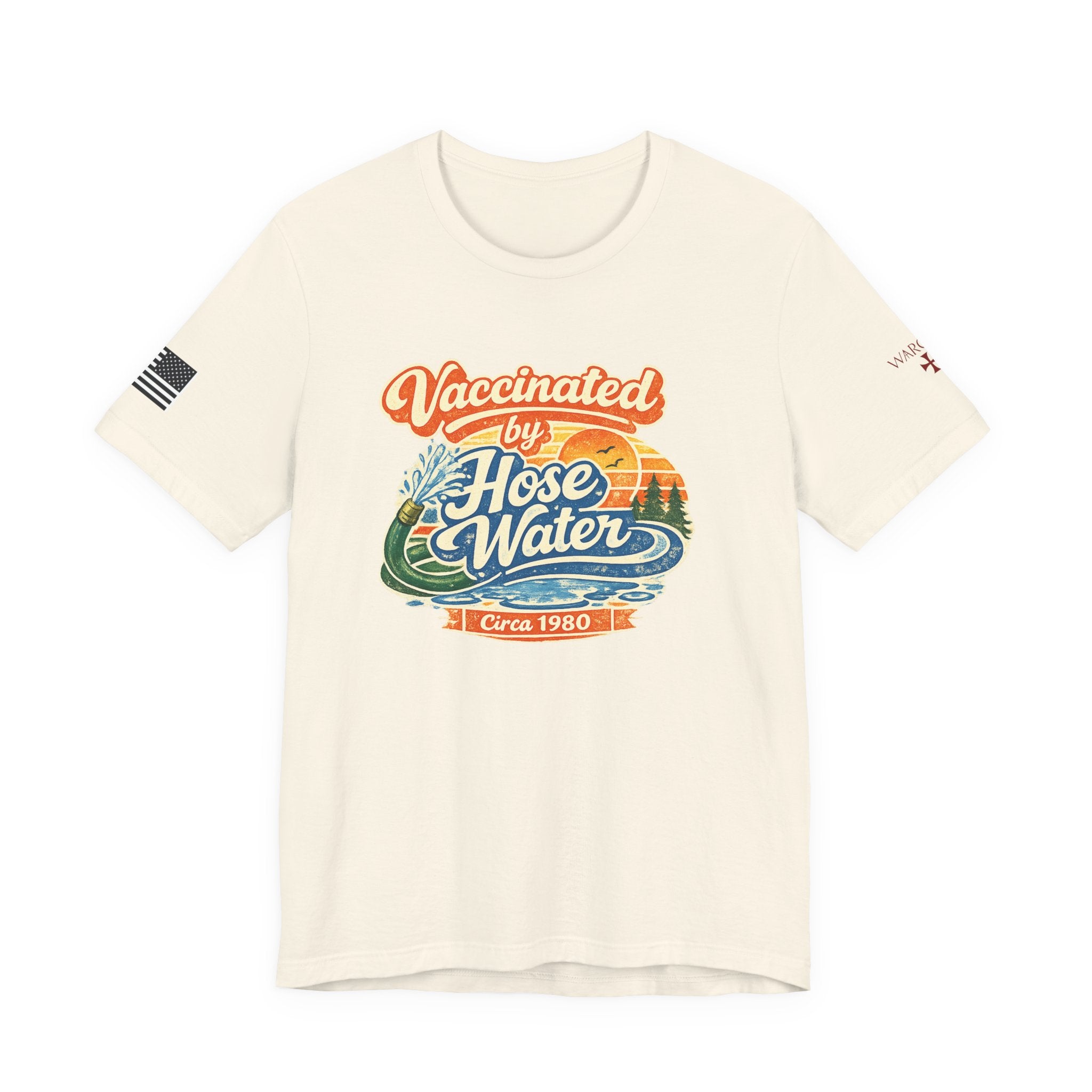 Vaccinated by Hose Water T-Shirt — Retro Beach Surf Tee (Circa 1980)