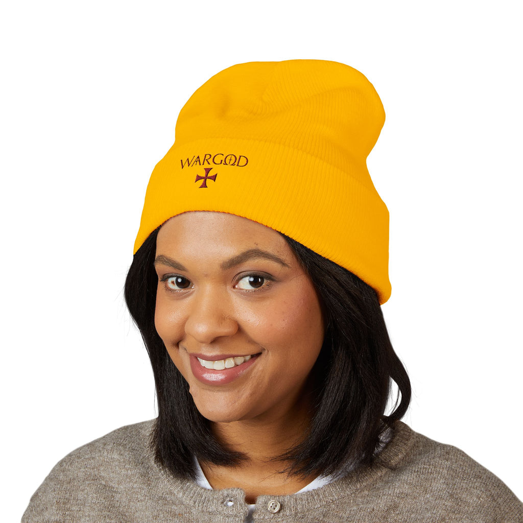 WARGOD Embroidered Cuffed Beanie — Minimal Cross Knit Hat