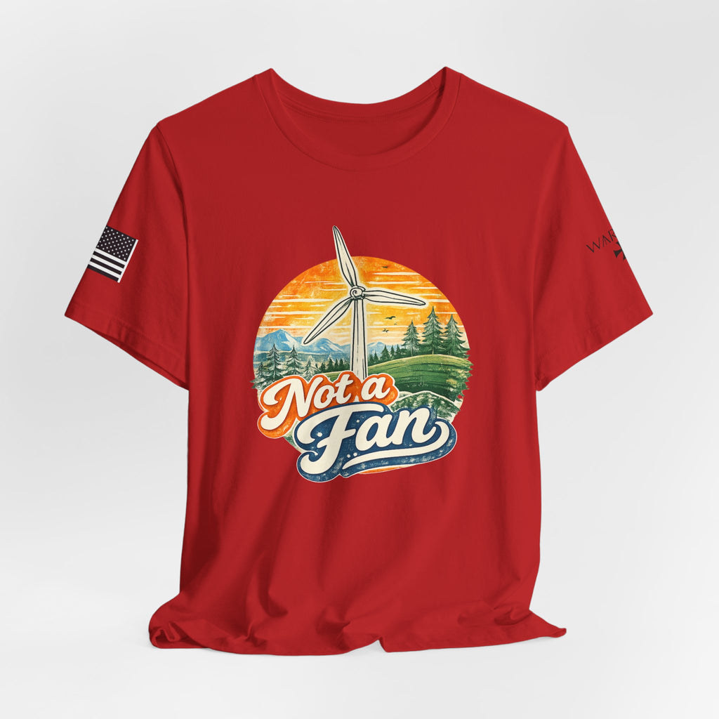 Not a Fan Wind Turbine T-Shirt — Retro Sunset Eco Humor Tee
