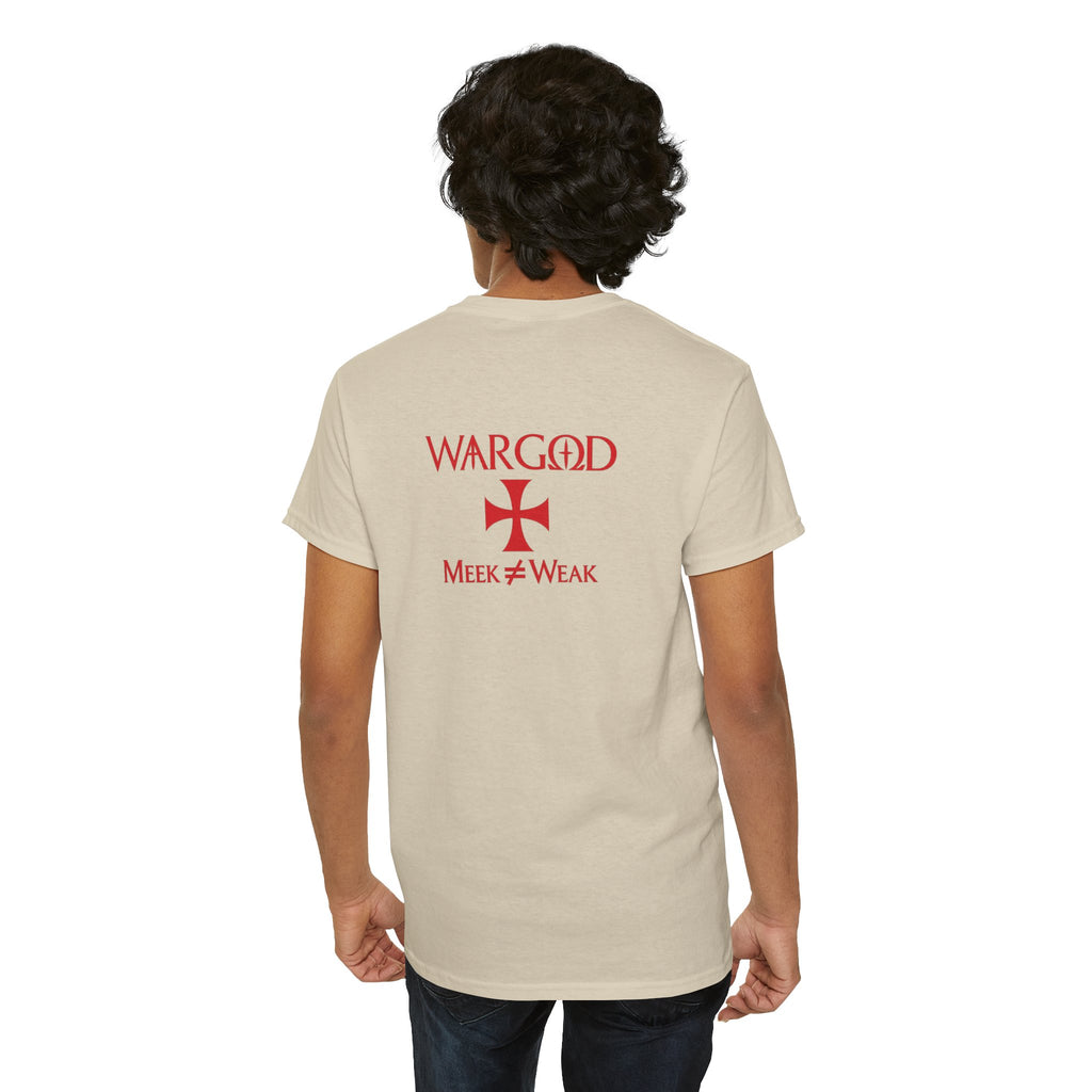 WARGOD "Meek ≠ Weak" Tee — Minimalist Red Cross Graphic T-Shirt