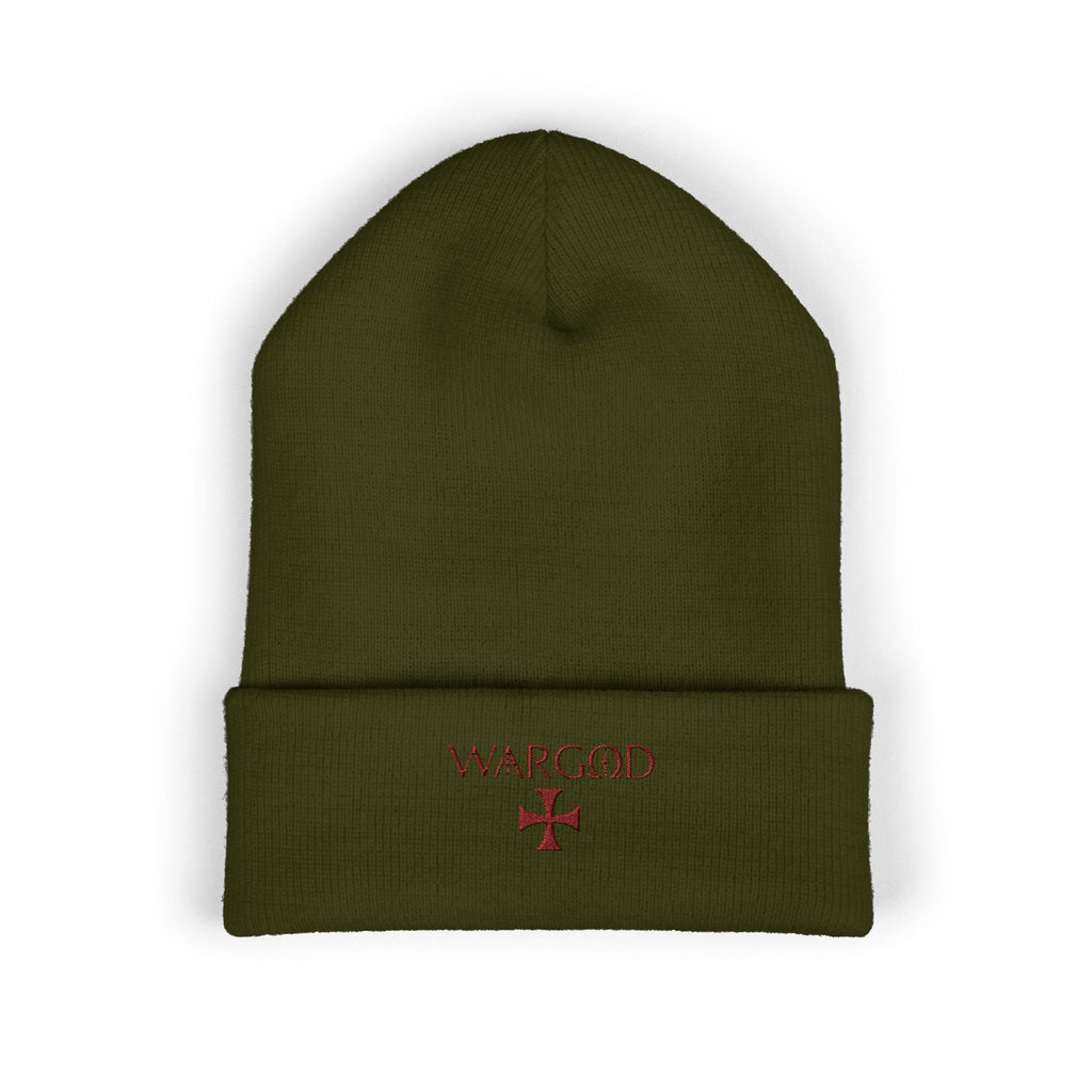 WARGOD Embroidered Cuffed Beanie — Minimal Cross Knit Hat