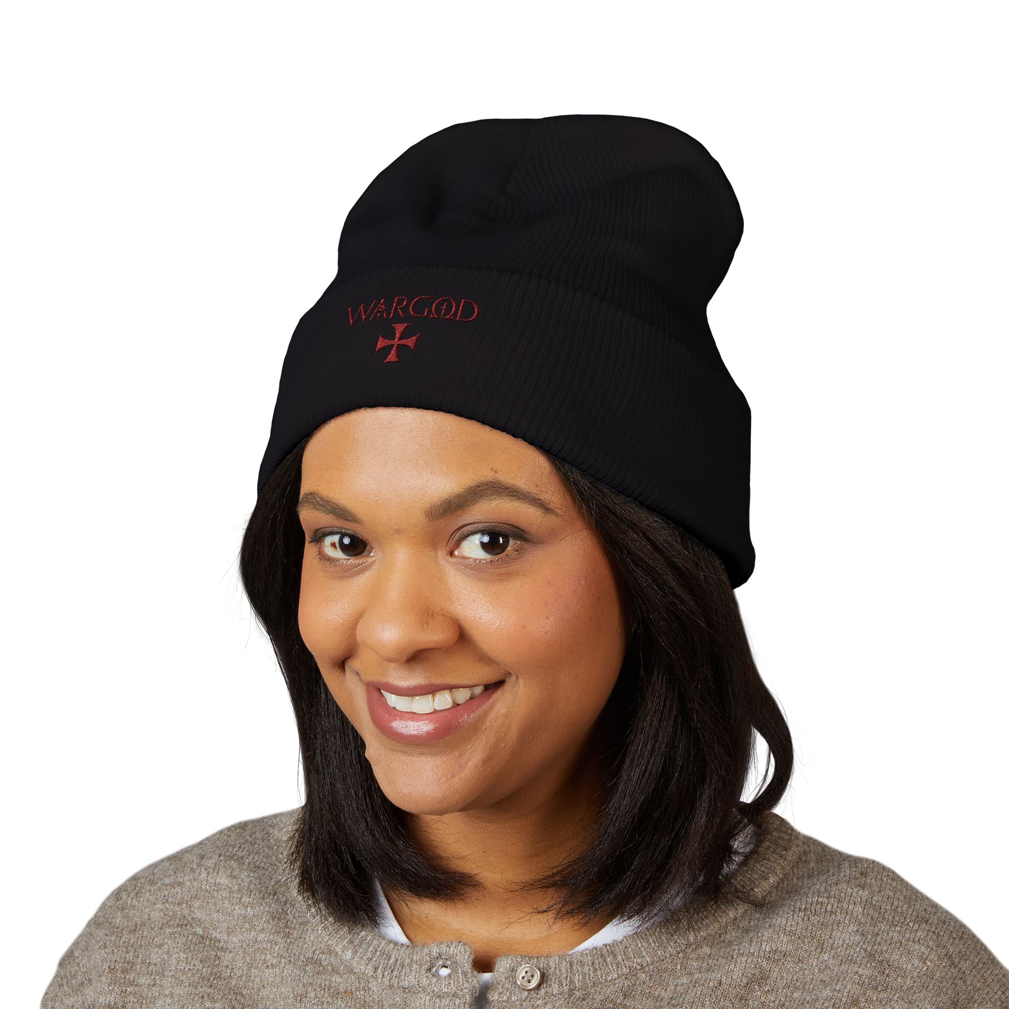 WARGOD Embroidered Cuffed Beanie — Minimal Cross Knit Hat
