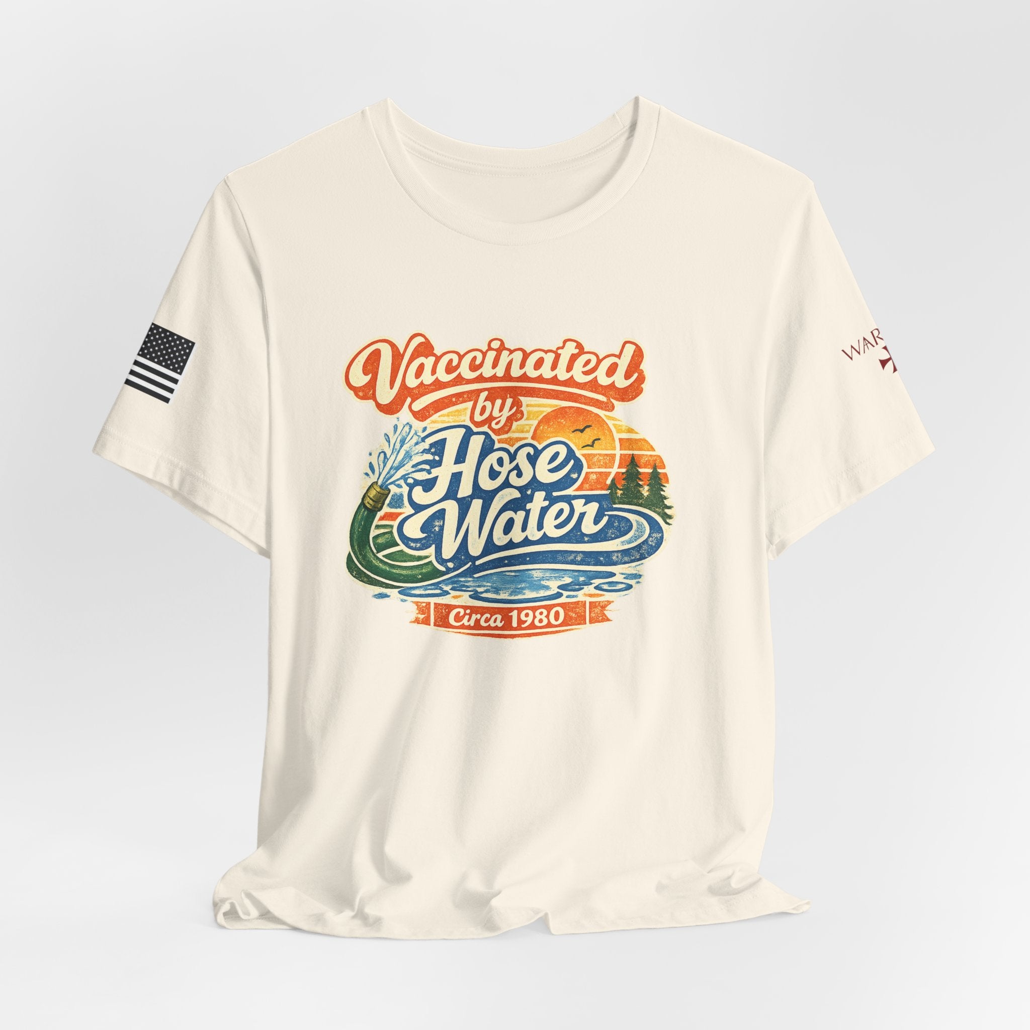 Vaccinated by Hose Water T-Shirt — Retro Beach Surf Tee (Circa 1980)