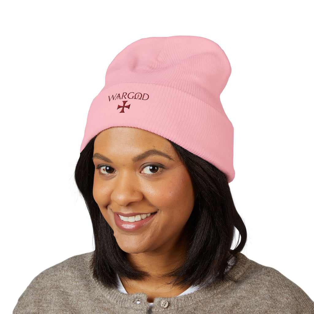 WARGOD Embroidered Cuffed Beanie — Minimal Cross Knit Hat