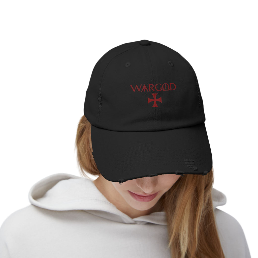 WARGOD Distressed Black Cap — Vintage Red Cross Logo