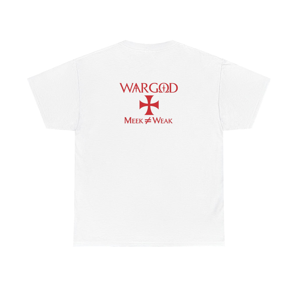 WARGOD "Meek ≠ Weak" Tee — Minimalist Red Cross Graphic T-Shirt