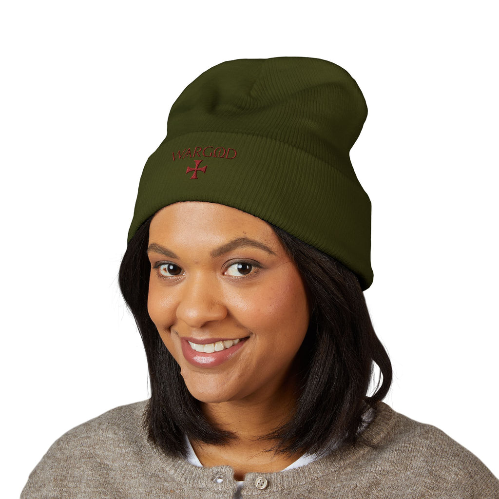 WARGOD Embroidered Cuffed Beanie — Minimal Cross Knit Hat