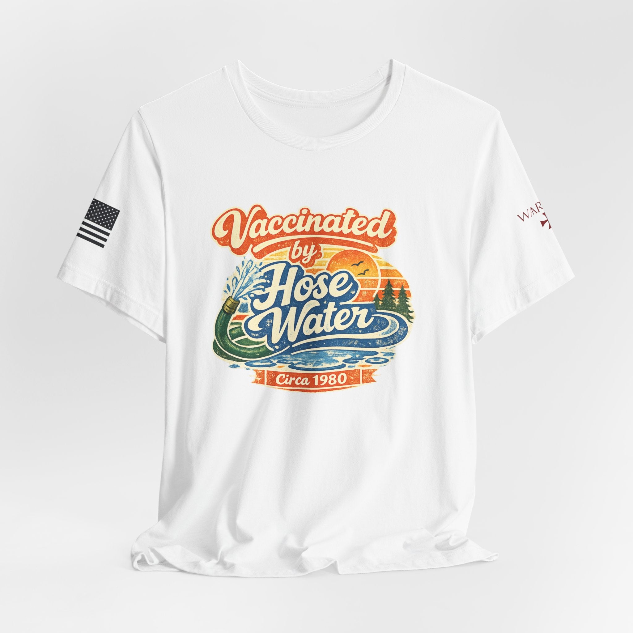 Vaccinated by Hose Water T-Shirt — Retro Beach Surf Tee (Circa 1980)