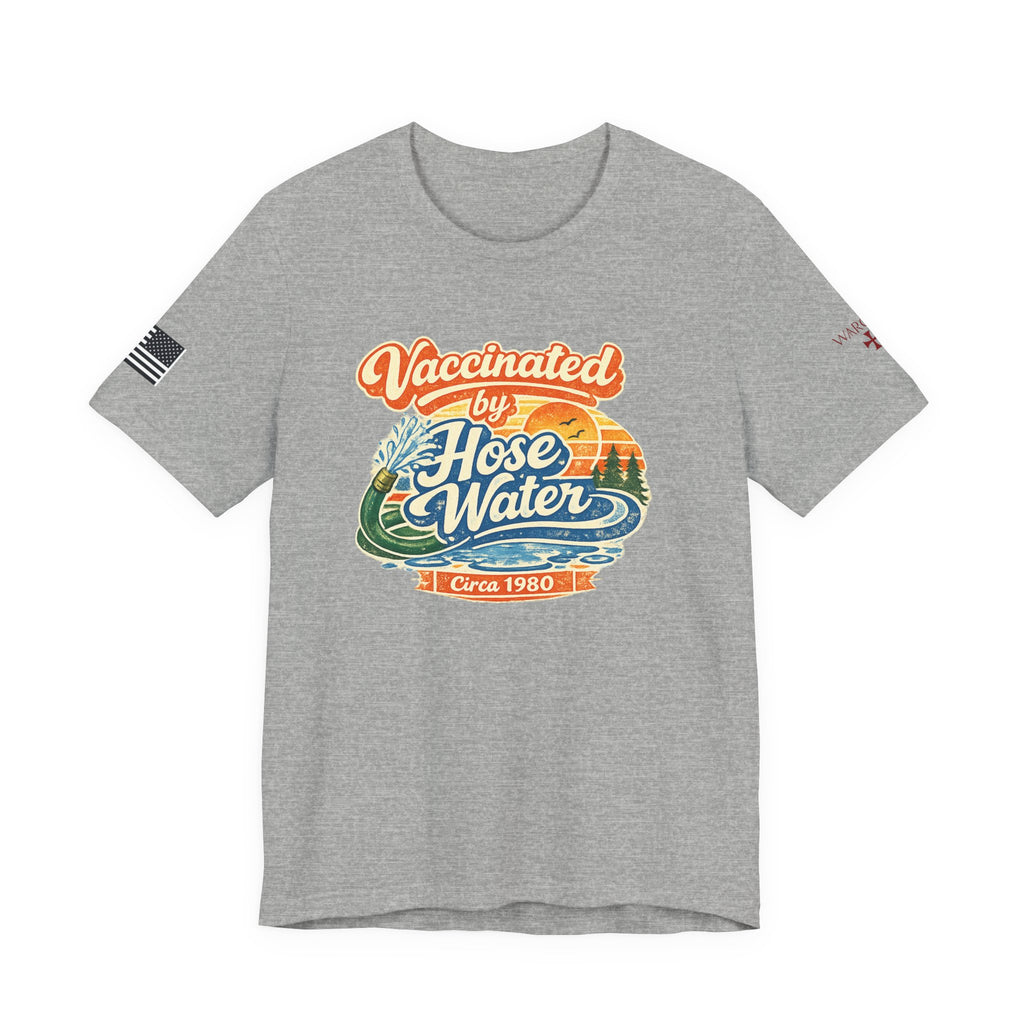Vaccinated by Hose Water T-Shirt — Retro Beach Surf Tee (Circa 1980)