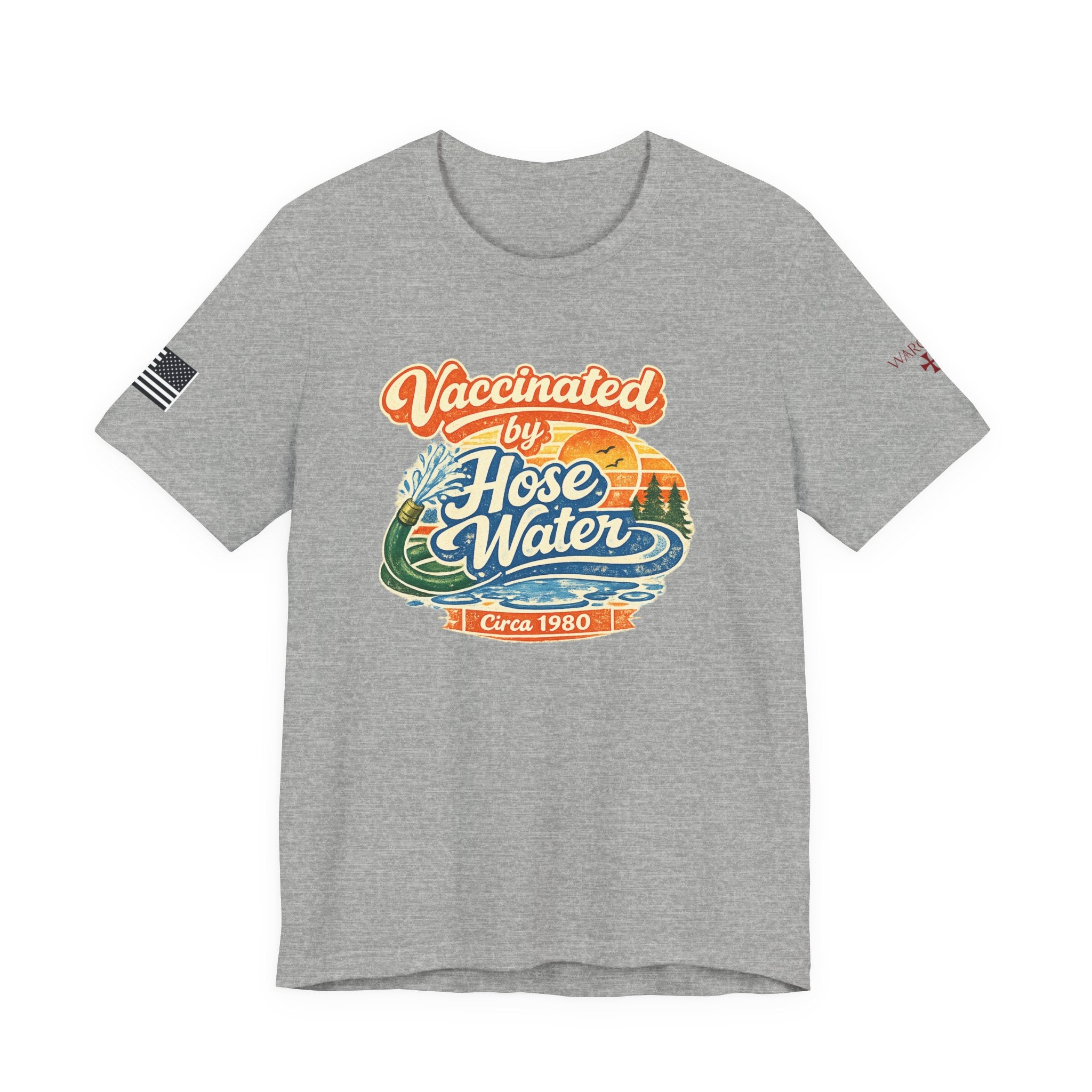 Vaccinated by Hose Water T-Shirt — Retro Beach Surf Tee (Circa 1980)