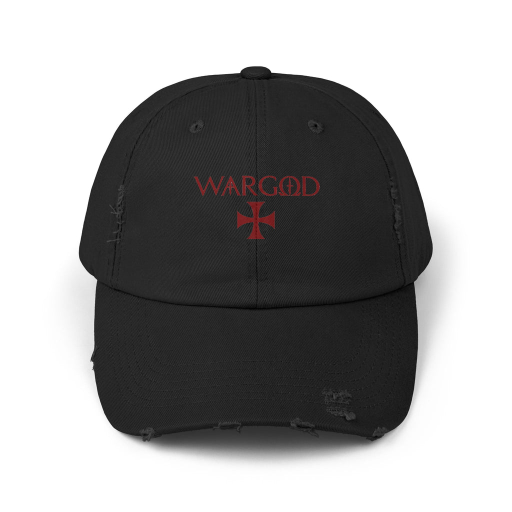 WARGOD Distressed Black Cap — Vintage Red Cross Logo